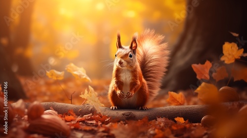 Squirrel in enchanting autumn forest with golden light.