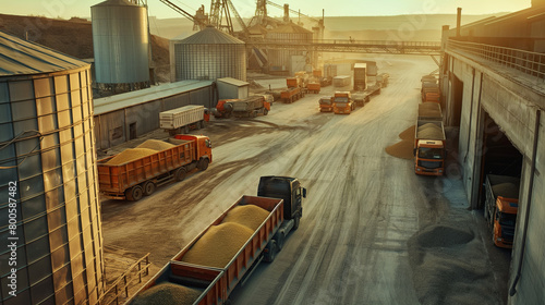 A dynamic shot capturing the hustle and bustle of activity around the grain hangar, with workers loading and unloading trucks and machinery moving grain into storage bins, illustra photo