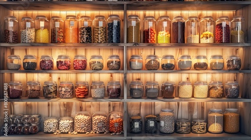 Wallpaper Mural A shelf full of jars with various colored items inside. The jars are arranged in rows and are filled with different types of food. Concept of abundance and variety Torontodigital.ca