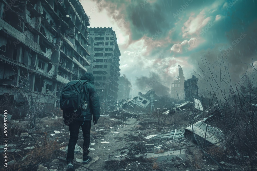 A man with a backpack wanders through a city in ruins under a cloudy sky