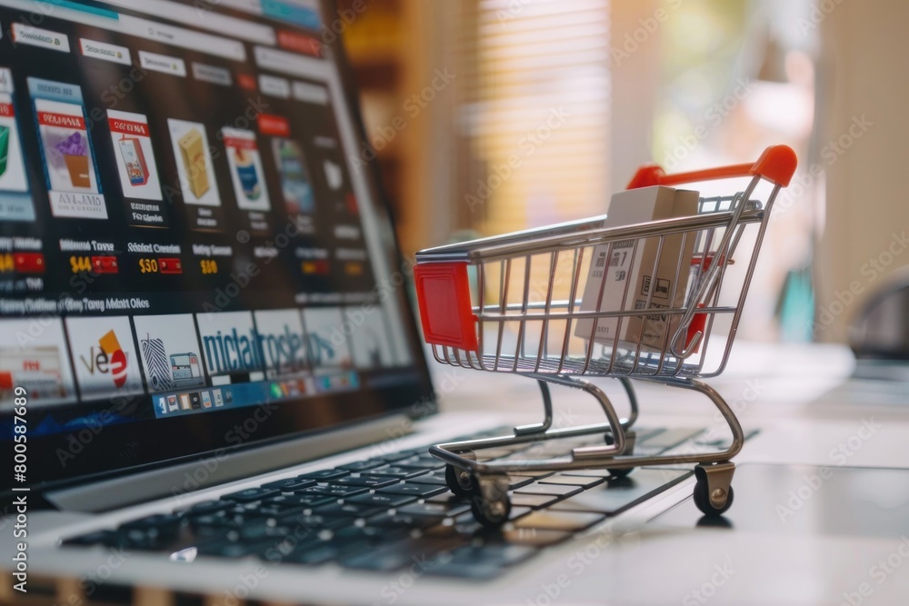 A laptop screen shows a shopping cart on a website A laptop screen shows a shopping cart on a website