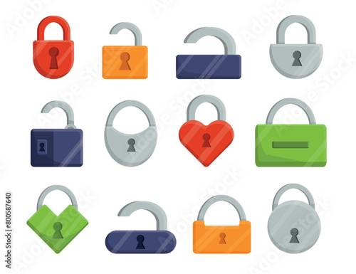 Set of colored locks. Vector illustration of locks of different shapes: heart, round, square, rectangular, isolated on white background. Hinged locks for locking doors. Castle of love on the bridge.
