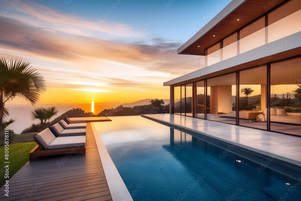 
Luxury home with modern pool at sunrise, contemporary villa architecture, resort style hotel with beautiful interior and exterior design, backyard view, summer vacation and real estate