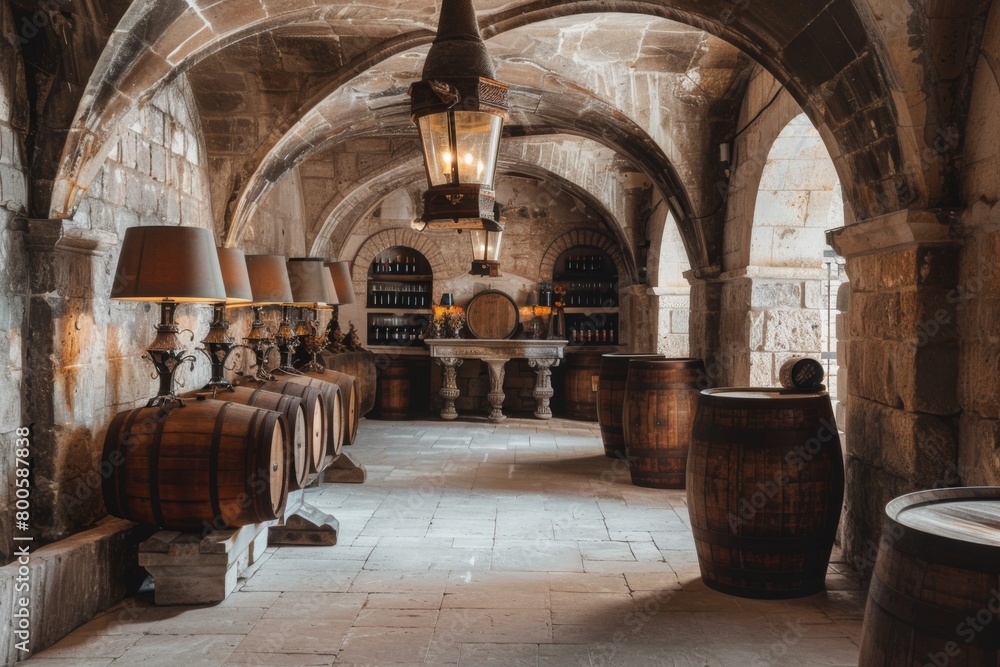 Medieval castle hallway with barrels, lamps, and Byzantine architecture