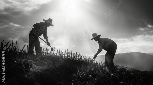 A timeless black and white photograph paying homage to the traditional methods of farming, with farmers sowing seeds using age-old techniques passed down through generations, captu