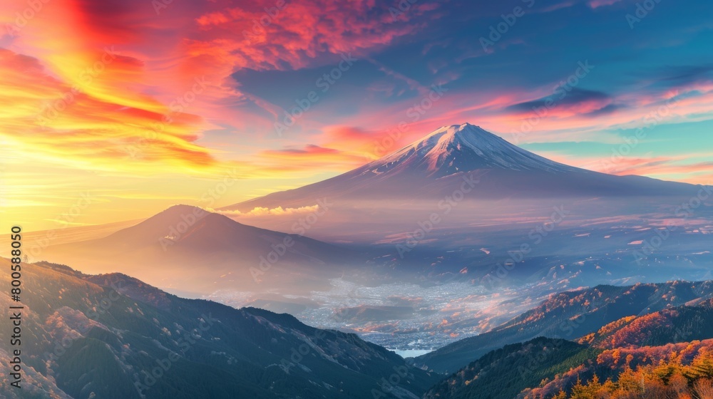 An awe-inspiring view of Mount Fuji standing majestically against a colorful sunrise sky, a symbol of Japan's natural beauty and cultural significance An awe-inspiring view of Mount Fuji standing majestically against a colorful sunrise sky, a symbol of Japan's natural beauty and cultural significance