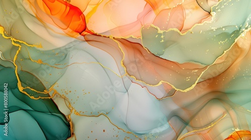This image features a vibrant mix of colors with gold lines creating an abstract and fluid design that resembles marble or a geological landscape