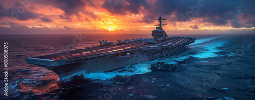 the aircraft carrier is anchored at sunset in the water, photo