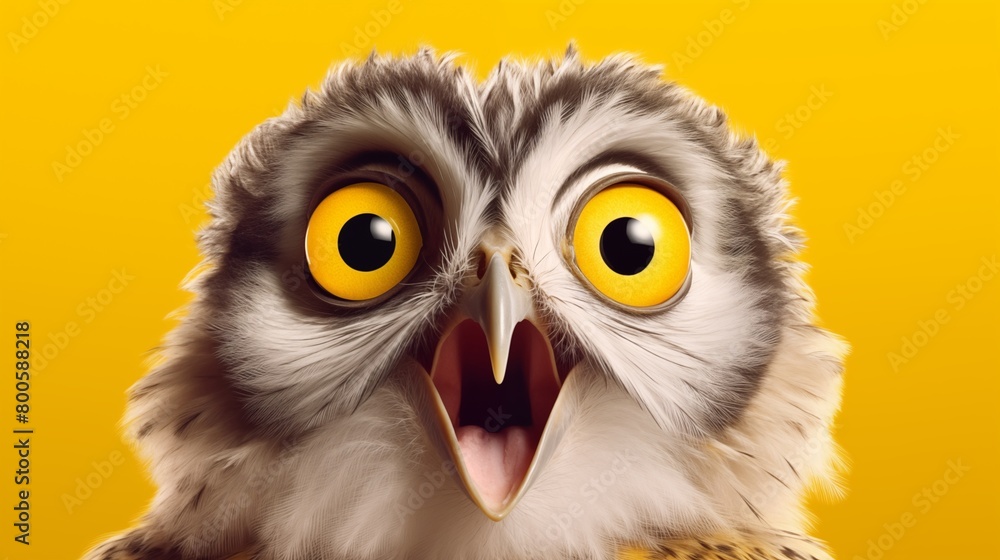 Studio portrait of surprised owl, isolated on yellow background. Studio portrait of surprised owl, isolated on yellow background.