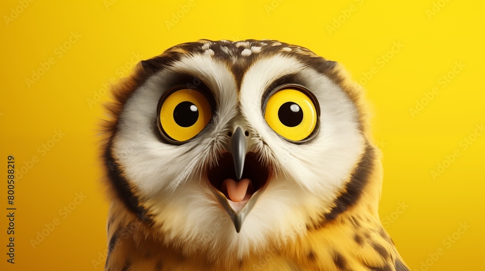 Studio portrait of surprised owl, isolated on yellow background. Studio portrait of surprised owl, isolated on yellow background.