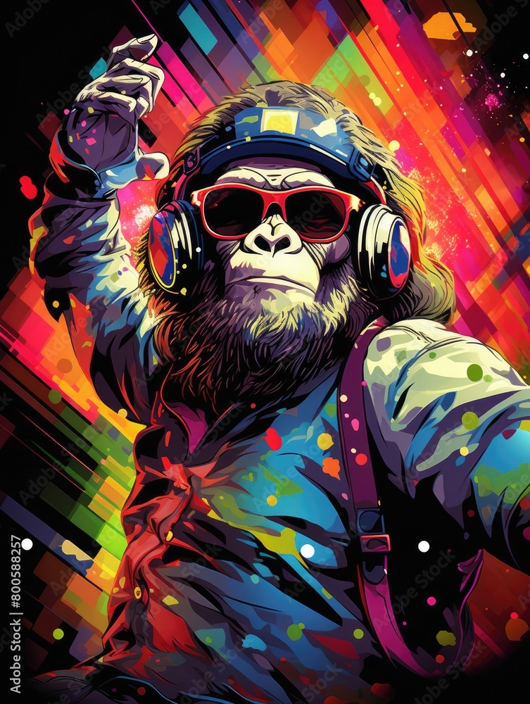 a illustration cool ape grooving to the disco beat, with colorful disco lights and a disco ball a illustration cool ape grooving to the disco beat, with colorful disco lights and a disco ball