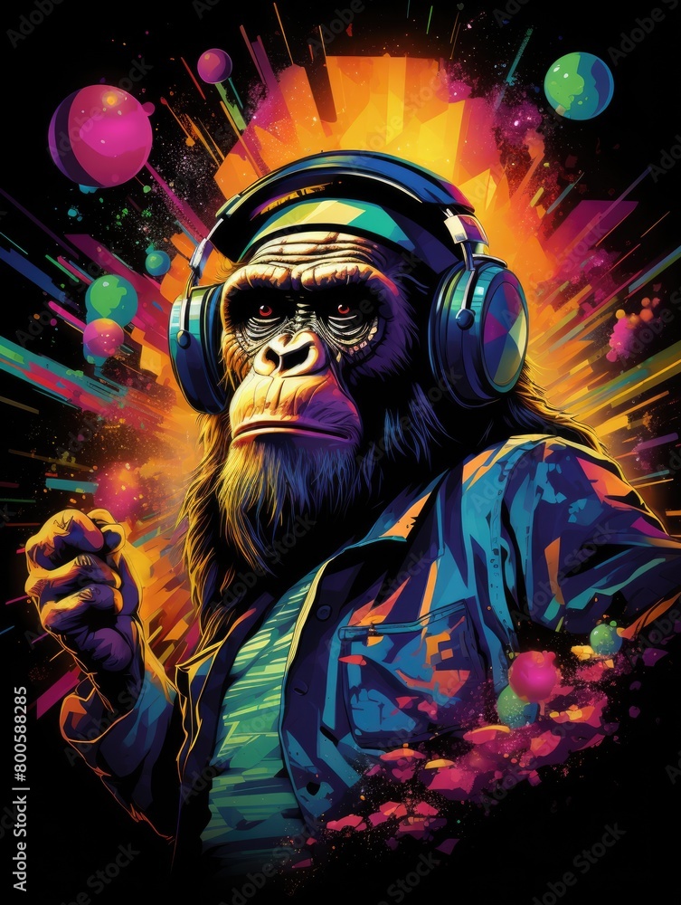 a graphics cool ape grooving to the disco beat, with colorful disco lights and a disco ball