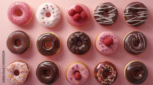 donuts wallpaper arranged in full background and top view, realistic and colorful 