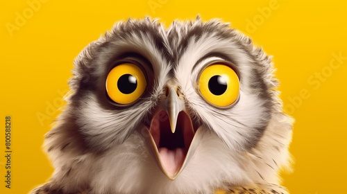 Studio portrait of surprised owl, isolated on yellow background.