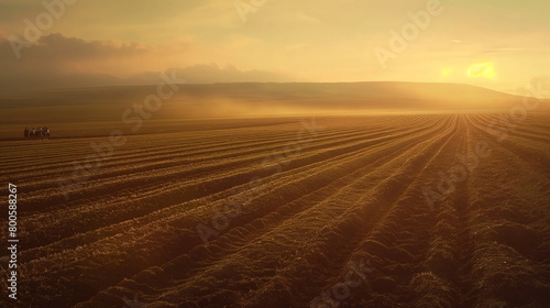 A cinematic shot showcasing the teamwork of farmers sowing seeds in unison across a vast expanse of farmland, with rows of crops stretching into the distance and the soft light of