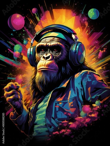 a graphics cool ape grooving to the disco beat  with colorful disco lights and a disco ball