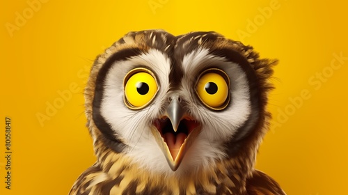 Studio portrait of surprised owl, isolated on yellow background.