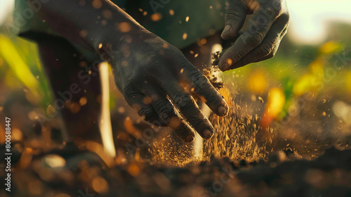 A close-up image focusing on the hands of a farmer as they carefully scatter seeds into the fertile soil, with the earthy textures and vibrant colors of the freshly sown field prov
