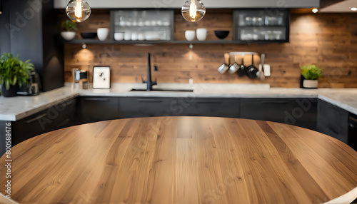 an elegantly designed kitchen with a large  round wooden table in the foreground and stylish dark cabinets  modern appliances  and decorative lighting in the background