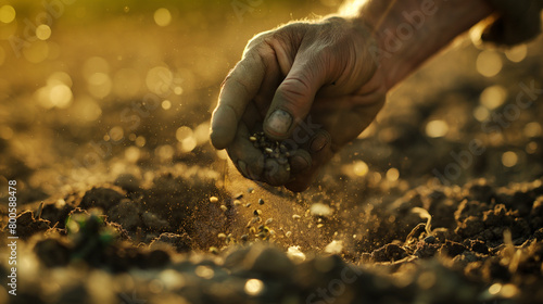 A close-up image focusing on the hands of a farmer as they carefully scatter seeds into the fertile soil, with the earthy textures and vibrant colors of the freshly sown field prov