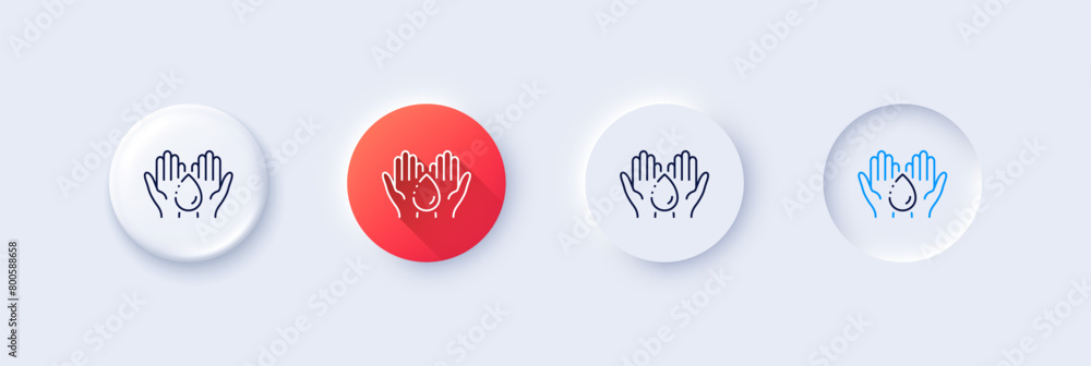 Moisturizing oil line icon. Neumorphic, Red gradient, 3d pin buttons. Skin care sign. Wash hands symbol. Line icons. Neumorphic buttons with outline signs. Vector Moisturizing oil line icon. Neumorphic, Red gradient, 3d pin buttons. Skin care sign. Wash hands symbol. Line icons. Neumorphic buttons with outline signs. Vector