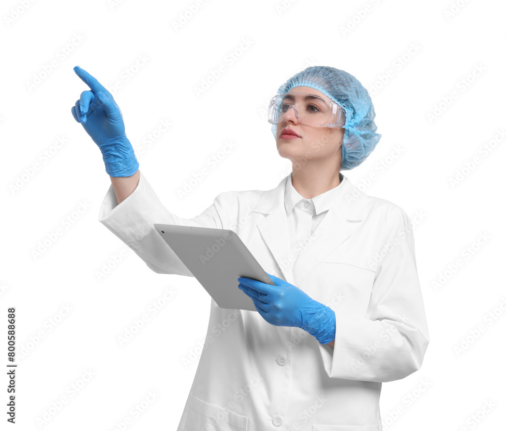 Quality control. Food inspector with tablet on white background Quality control. Food inspector with tablet on white background