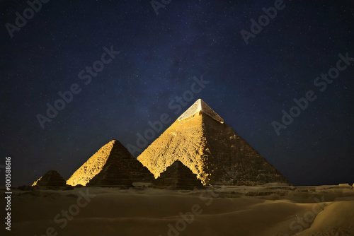 Starry night at Pyramids of Giza  Egyptian pyramids of Giza shot in starry night