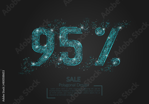 Abstract isolated blue 95 percent sale concept. Polygonal illustration looks like stars in the black night sky in space or flying glass shards. Digital design for website, web, internet.