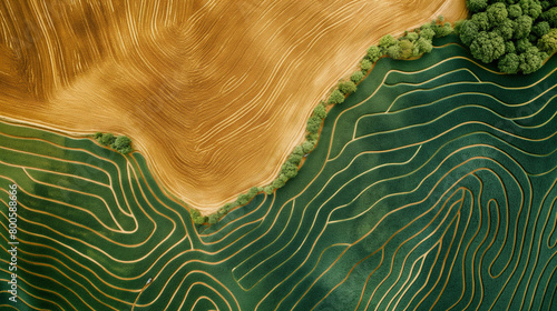 An aerial view showcasing the intricate patterns created by farmers sowing seeds in orderly rows across a patchwork of fields, with tractors and seeders moving methodically across