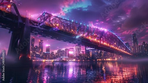 An iconic landmark bridge spanning across a majestic river, aglow with a spectacular display of synchronized lights, capturing the essence of city glamour.