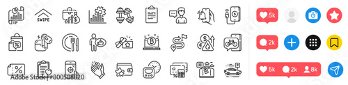 Patient history, Journey and Car parking line icons pack. Social media icons. Seo phone, Report document, Phone charging web icon. Loyalty gift, Fuel price, Sale bags pictogram. Vector