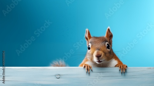 Surprised squirrel, sciurus, cautiously peeks around a corner, against a blue background. photo