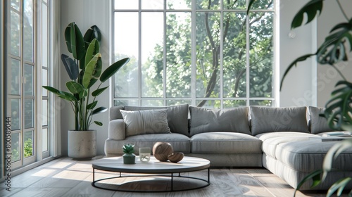 Interior design of living room with grey sofa and wooden coffee table. Generated AI image