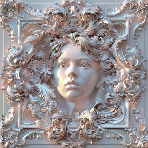 ornate pattern picture frame with human face details in gold and light pink 