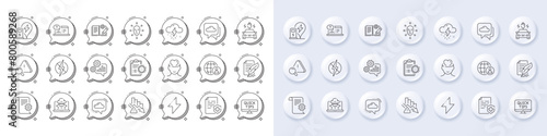 Deflation, Feather signature and International recruitment line icons. White pin 3d buttons, chat bubbles icons. Pack of Cogwheel, Weather forecast, Engineering documentation icon. Vector