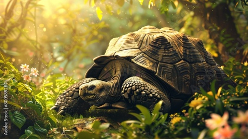 An old tortoise basking in the warm sunlight, surrounded by lush greenery.
