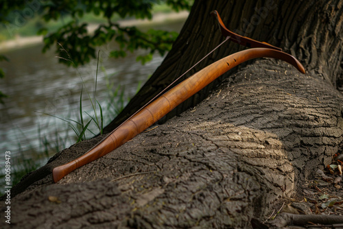 A traditional longbow resting against a tree trunk, its wood polished to a shine. photo