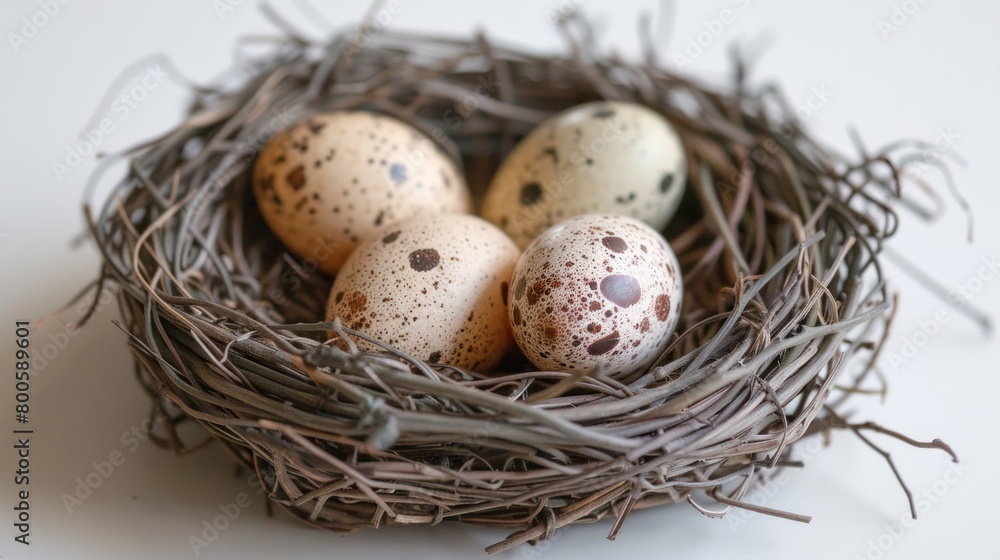 A close up of four quail eggs in a nest made of twigs. A close up of four quail eggs in a nest made of twigs.