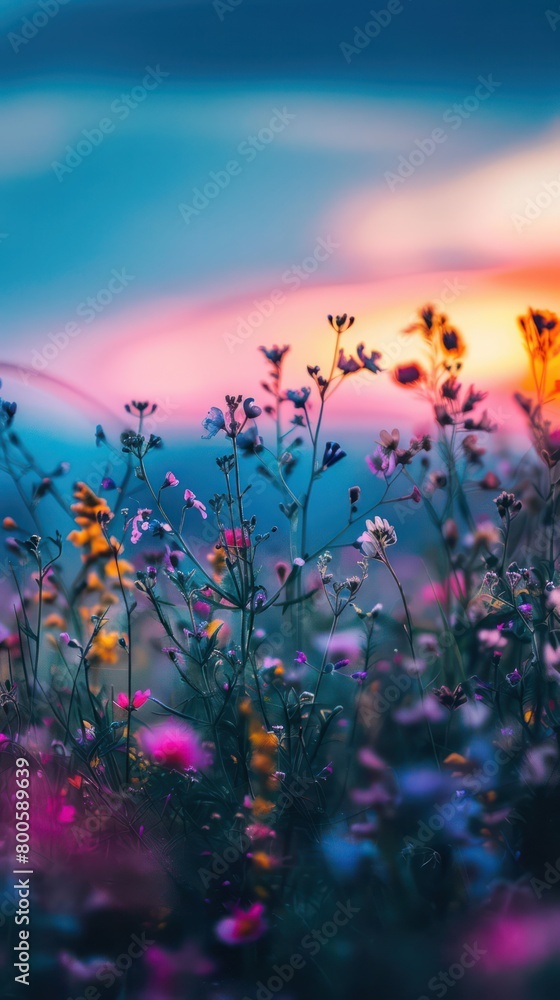 A dreamy display of wildflowers backlit by a colorful sunset sky A dreamy display of wildflowers backlit by a colorful sunset sky