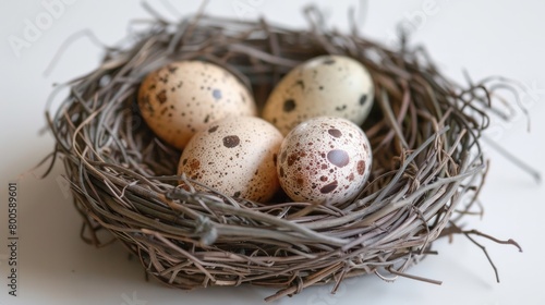 A close up of four quail eggs in a nest made of twigs.