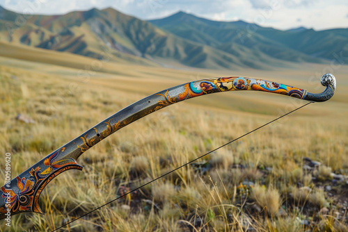 A traditional Mongolian horse bow, its elegant curves reflecting nomadic heritage. photo