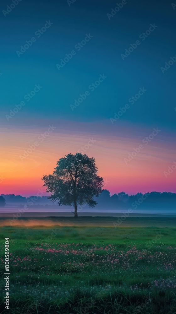 A lone tree is highlighted against the soft hues of a misty dawn, offering a sense of stillness and renewal A lone tree is highlighted against the soft hues of a misty dawn, offering a sense of stillness and renewal