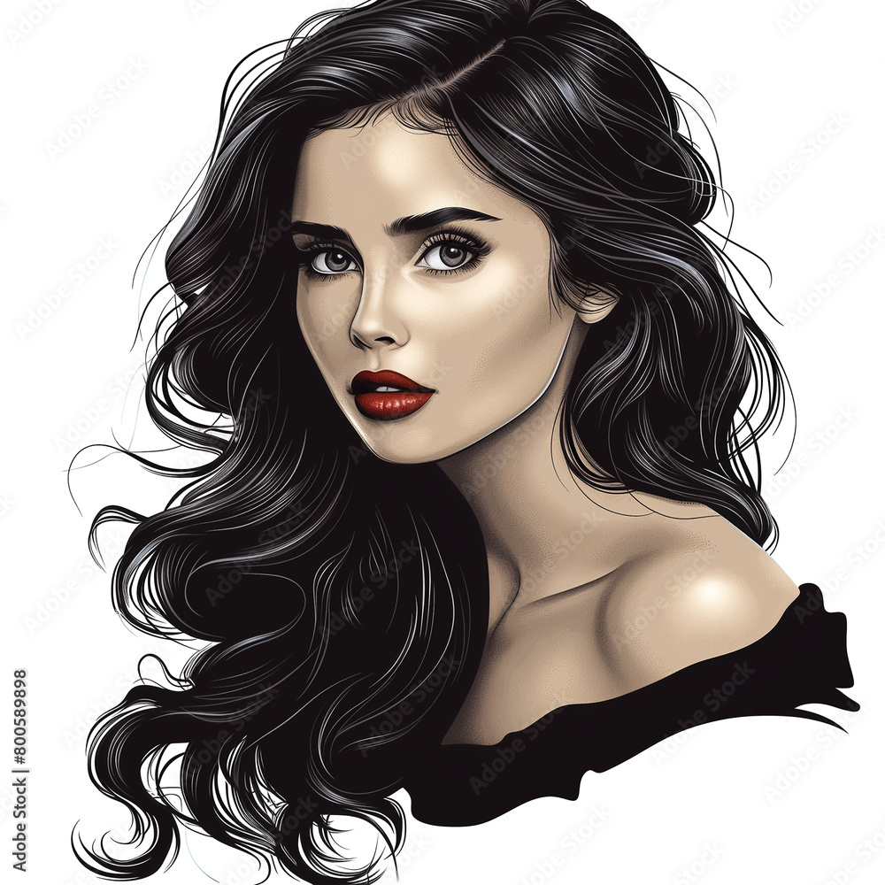 Naklejka premium A pixelated portrait of a woman with black hair, red lips, and a ringlet
