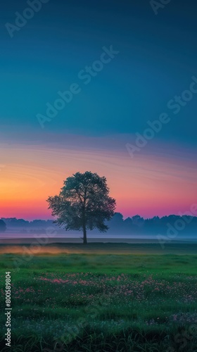 A lone tree is highlighted against the soft hues of a misty dawn  offering a sense of stillness and renewal