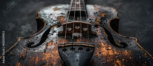 A closeup of the front of an old violin with a dark background
