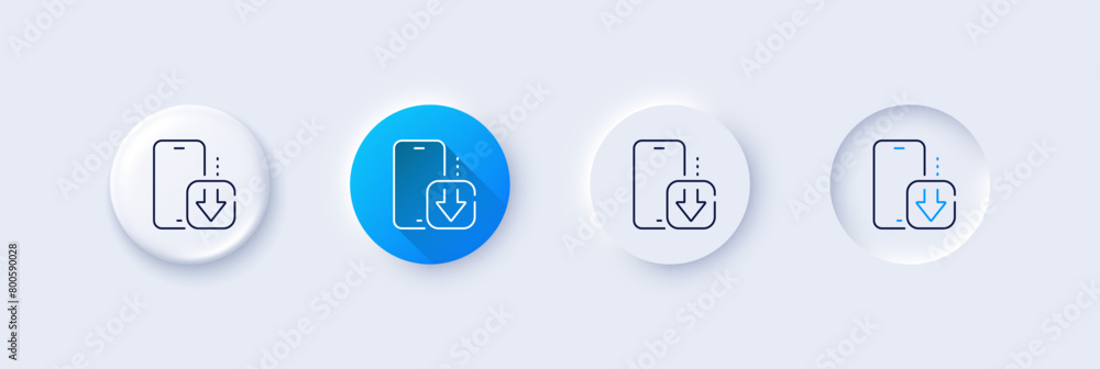 Phone download line icon. Neumorphic, Blue gradient, 3d pin buttons. Smartphone app sign. Cellphone mobile device symbol. Line icons. Neumorphic buttons with outline signs. Vector Phone download line icon. Neumorphic, Blue gradient, 3d pin buttons. Smartphone app sign. Cellphone mobile device symbol. Line icons. Neumorphic buttons with outline signs. Vector