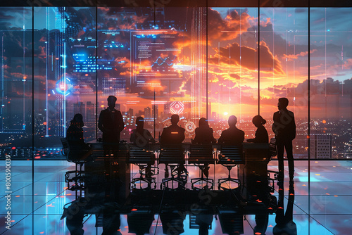 A team meeting at sunrise, silhouetted against a large window overlooking a city awakening, discussing strategies beside a holographic display 