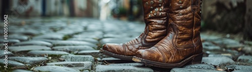 A pair of brown cowboy boots with silver studs stands on a cobblestone street.