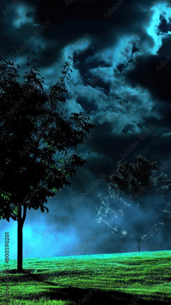 The image features a striking contrast of luminous greens under a tumultuous blue night sky with scattered clouds The image features a striking contrast of luminous greens under a tumultuous blue night sky with scattered clouds