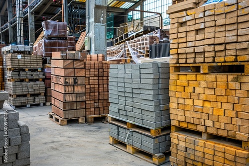 Construction Materials Warehouse, Ideal for companies in construction material production and sales. Background shows stacks of bricks, concrete blocks, and timber, Generative AI.